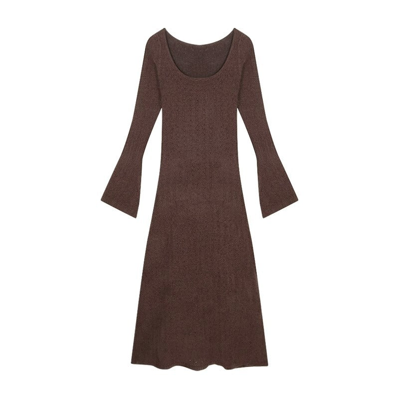 fashion outfits Early Autumn Brown Long-Sleeved Knitted Dress Women's Slim-Fit Draping Tight Waist A- line Midi Dress Retro Elegant Skirt