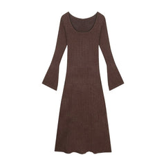 fashion outfits Early Autumn Brown Long-Sleeved Knitted Dress Women's Slim-Fit Draping Tight Waist A- line Midi Dress Retro Elegant Skirt