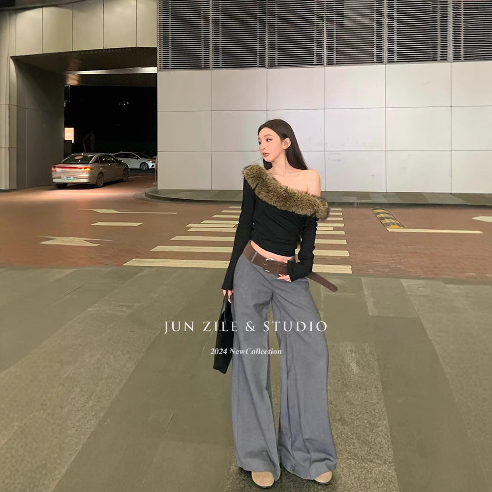 business casual outfits Plush Stitching off-Neck Top Long-Sleeved T-shirt Spring Elegant Hot Girl Casual Trousers Suit