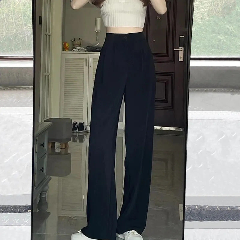 buisness casual women outfits chic Gray Wide-Leg Pants for Women Spring and Summer High Waist Draping Loose Straight Mop Pants Slim Casual Suit Pants