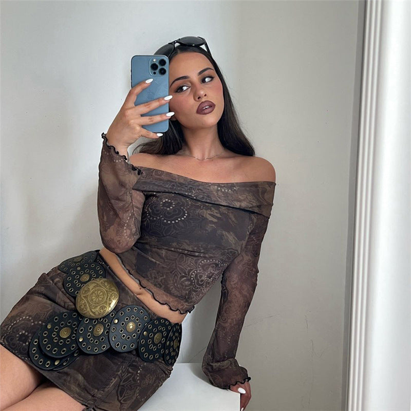 concert outfit Fall New Style Sexy Slim-Fit Navel off-Shoulder Top High Waist Drawstring Short Skirt Suit