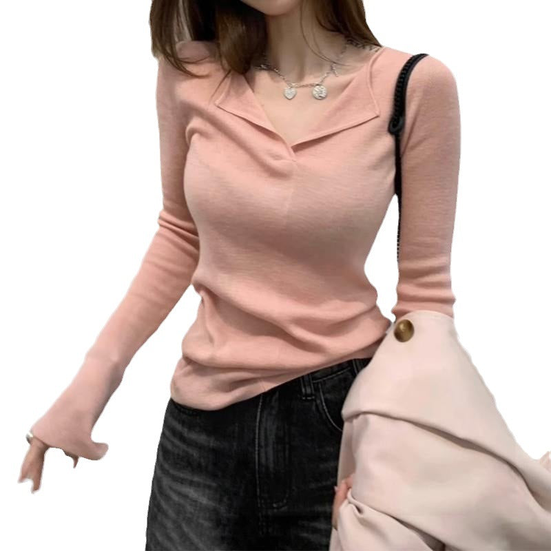 outfit inspo Korean Style Polo Collar Sweater Women's New Design Double Collar Chic Early Autumn Chic Top Bottoming Shirt