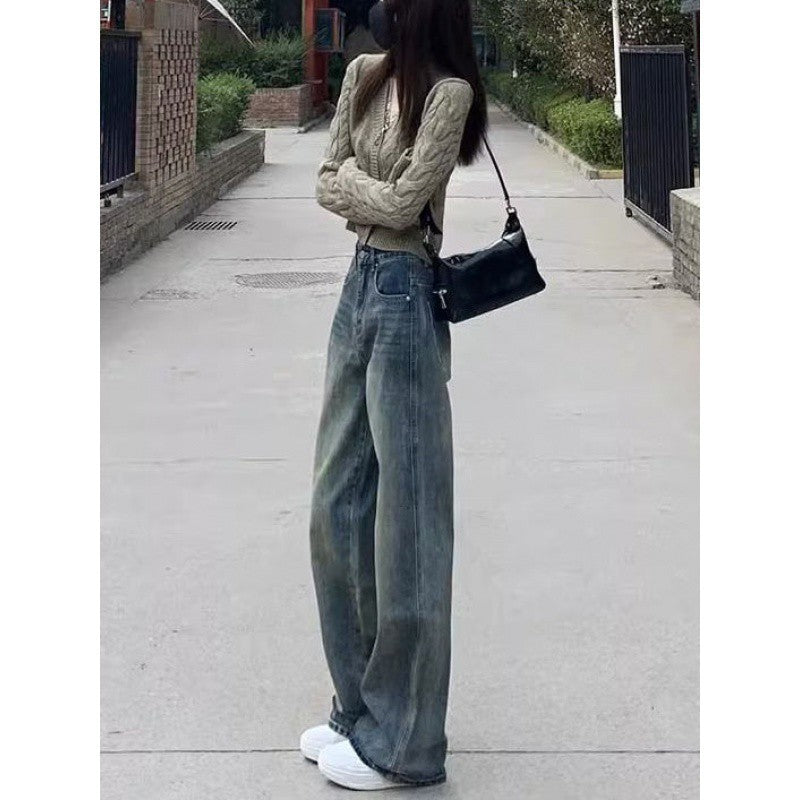 90s streetwear Women's American-Style Wide-Leg Jeans Autumn New Retro High Waist Loose Slimming All-Match Straight Mop Pants