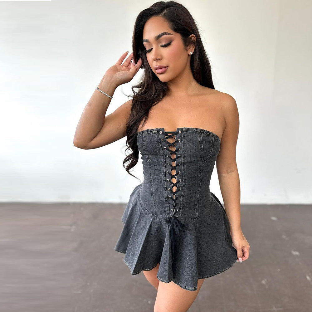 dress to impress harajuku Dress Women's Zipper Lace-up Chest Wrap Sexy Hot Girl Denim Short Ruffle Skirt