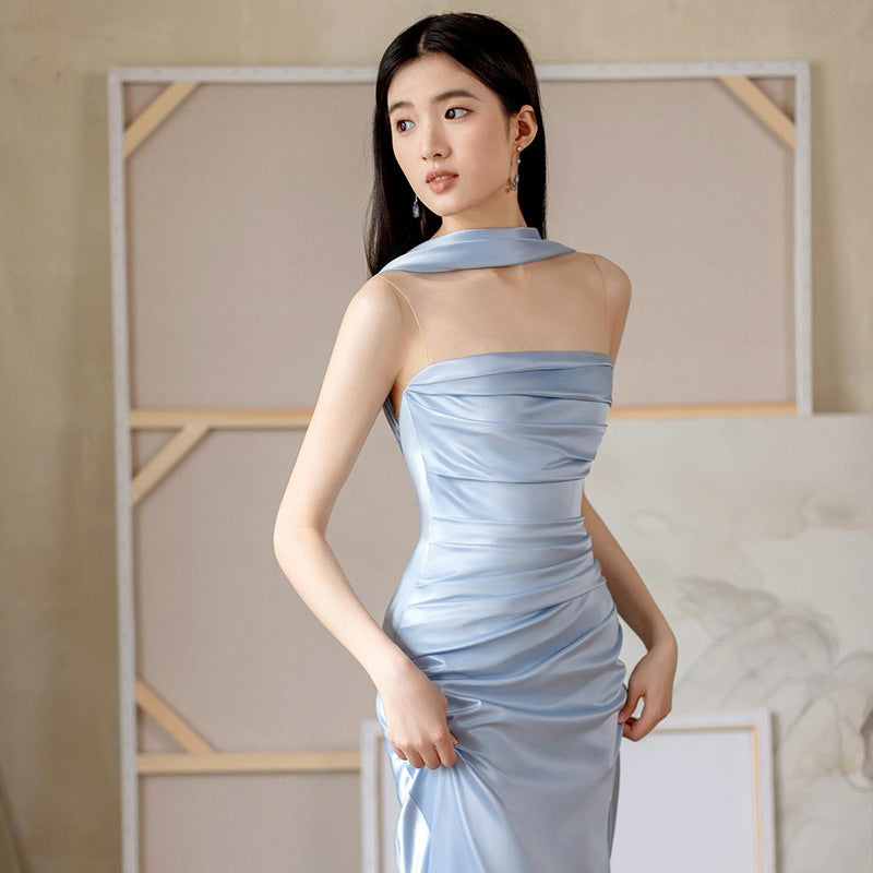 cherry blossom dress to impress Blue Evening Dress for Women New French Tube Top Engagement Dress Dinner Bridal Morning Gown