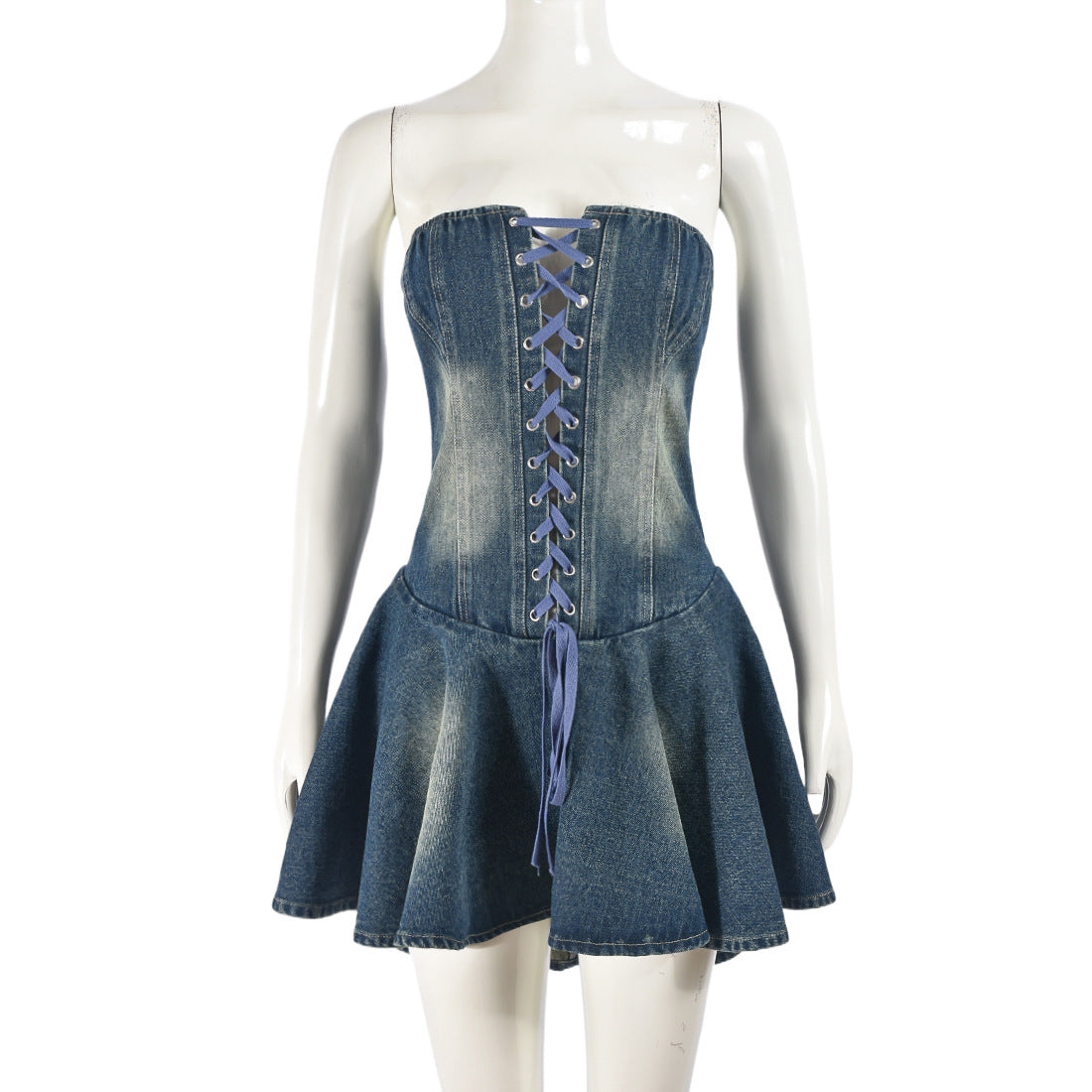 dress to impress harajuku Dress Women's Zipper Lace-up Chest Wrap Sexy Hot Girl Denim Short Ruffle Skirt