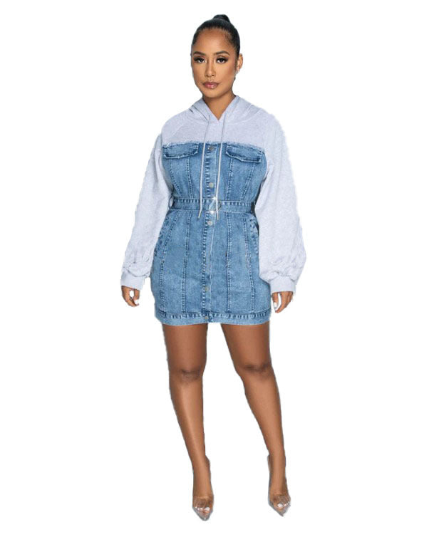dream clothes Autumn and Winter New Women's Hooded Fake Two-Piece Sweater Stitching Jumpsuit Hip Skirt