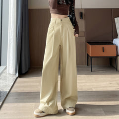 fashion outfits Autumn Tall Cotton Anti-Wrinkle Washed Casual Overalls Women's High Waist Straight Old Money Style Wide Leg Trousers