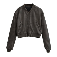 90s fashion Retro PU Leather Women's Autumn New American Hot Girl Motorcycle Style Short Stand Collar Baseball Jacket Jacket