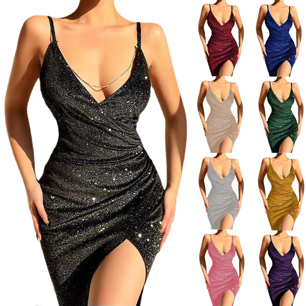 jester dress to impress Spring and Summer New Sexy Glitter High Slit Deep V Sling Dress