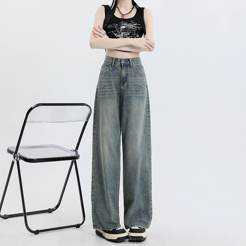 going out outfits Blue and Gray Wide-Leg Jeans for Women Spring and Autumn New High Waist Straight Loose Mop Pants American Retro