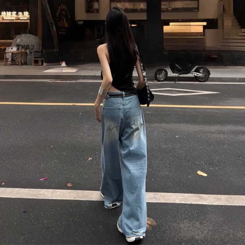 y2k outfits Light Blue Worn Washed Blue Denim Wide-Leg Pants Women's Loose Slimming Straight Pants Mop Pants