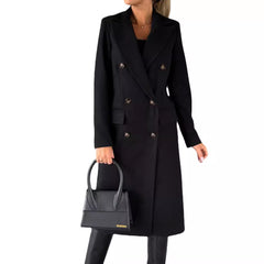 Women's Spring 2024 New Coat All-Match Woolen Coat Solid Color Long Sleeve Double Breasted Pocket