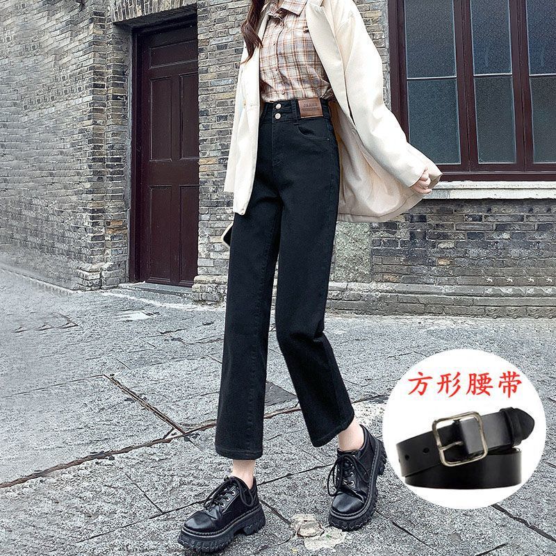 fashion outfits Jeans High Waist Women's Summer Retro Straight Autumn Elastic Double Buckle Cropped Small Pipe Pants Fashion