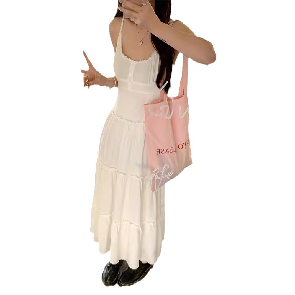 church outfit Pink Strap Dress Women's Summer New Tight Waist Skirt Small French Gentle Style A- line Dress Long Skirt