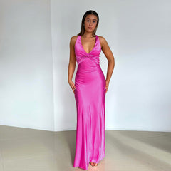 pink panther costume INS Style Fashion Sexy V-neck Lace-up Backless Dress Slim Satin Dress