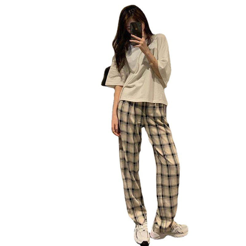 comfy school outfits Korean Style Spring and Summer New Hong Kong Style Chic Retro Light Casual Royal Sister Elegant Western Style Plaid Wide-Leg Pants Fashion