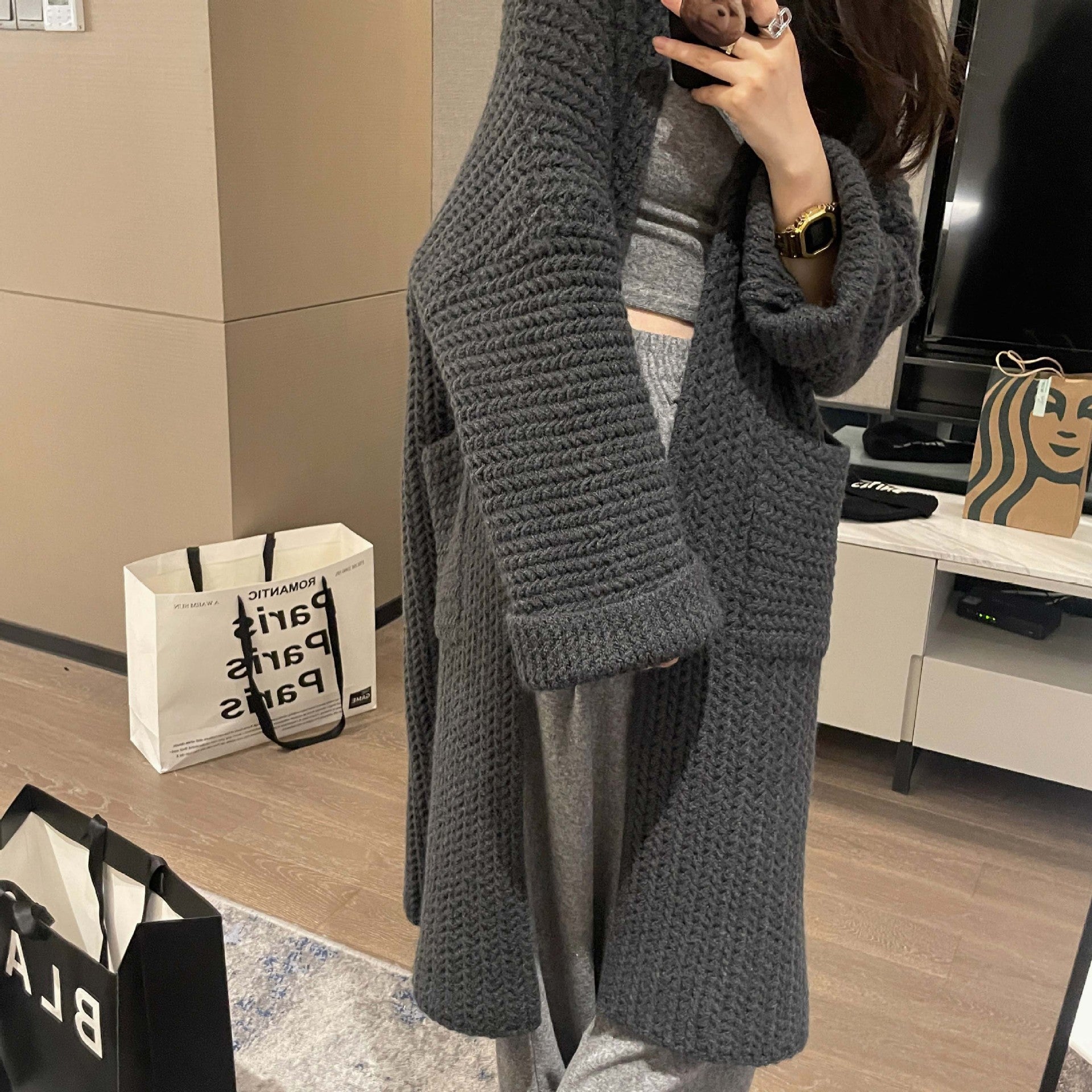 cold weather outfits Korean Style Thick Needle Pineapple Pattern Sweater Cardigan Loose over-the-Knee Sweater Mid-Length Elegant Wool Coat Women's Top