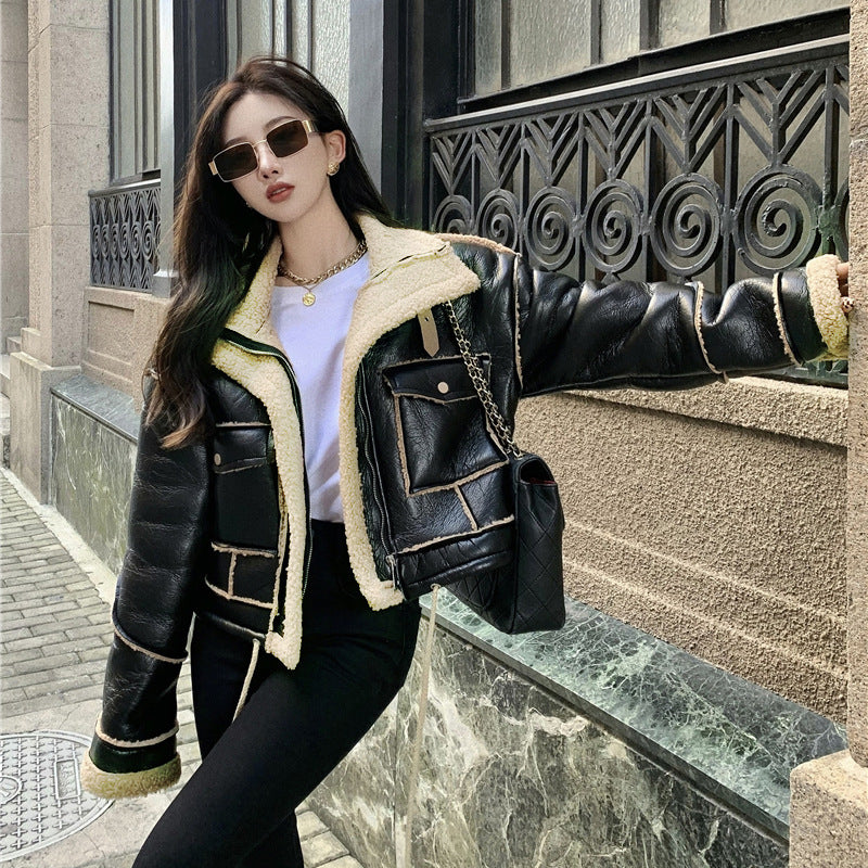 Short Leather Coat for Women Winter Fleece-lined Thickened Fur Integrated Motorcycle Clothing Lamb Fur PU Leather Jacket Fashion