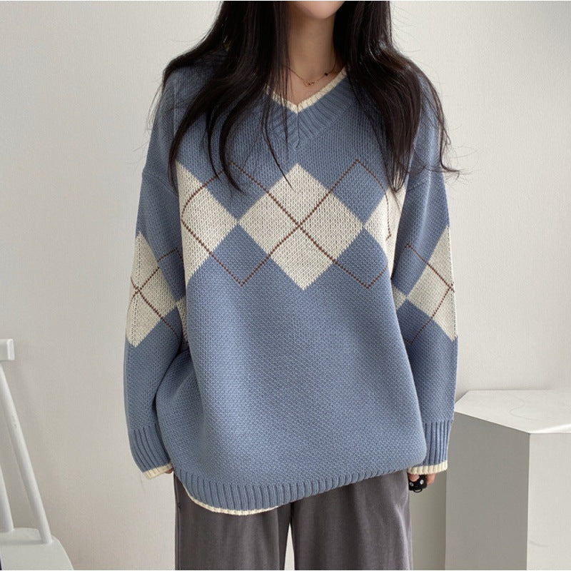 tyler the creator outfits Rhombic Loose Pullover Sweater Women's Early Spring Korean Style round Neck Long Sleeve Top Coat Fashion