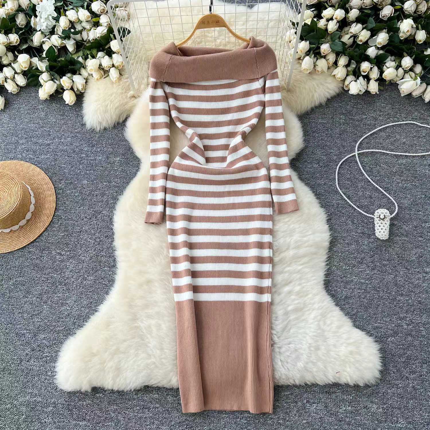 long sweater dress outfit Autumn and Winter Elegant Slim-Fit Sheath Slimming off-Shoulder Collarbone Black and White Stripe Knitted Dress