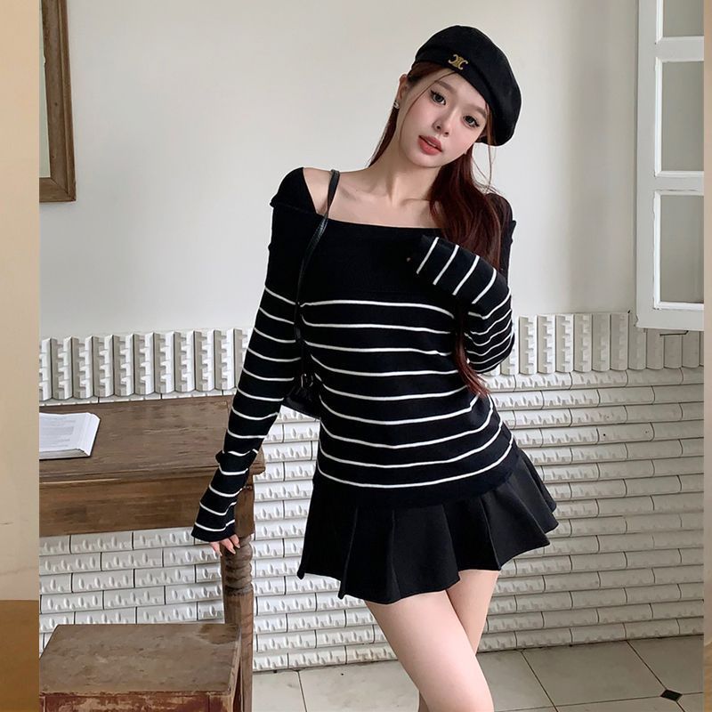 long sweater dress outfit Gentle Style off-Shoulder Long Sleeve Sweater Women's Autumn and Winter High Waist Slim Top Fashion