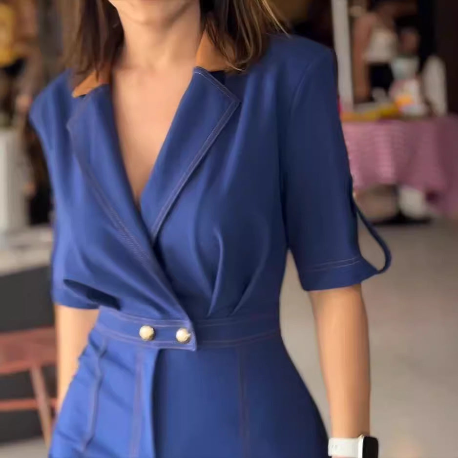90s fashion Women's Jumpsuit Autumn New Fashion Lapel Color Matching Short Sleeve Jumpsuit