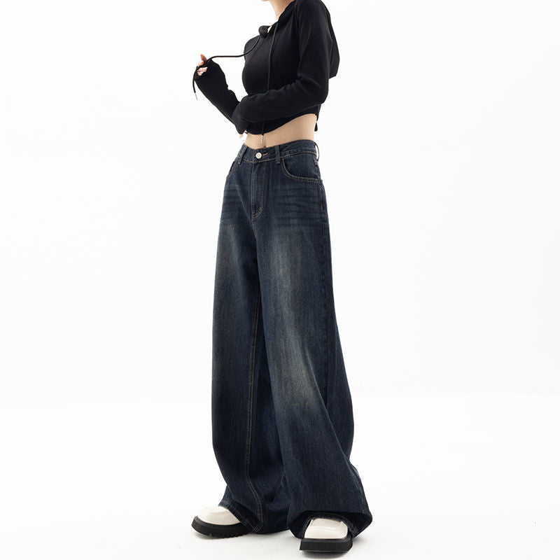 picture day outfit American Retro Street Wide-Leg Pants Design Sense Niche Blue Mopping Pants High Waist Loose High Waist Jeans for Women