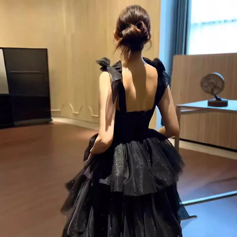 prom dresses Black Evening Dress for Women Adult Ceremony Graduation Light Luxury Niche French Style Long Strap Pettiskirt