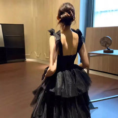 prom dresses Black Evening Dress for Women Adult Ceremony Graduation Light Luxury Niche French Style Long Strap Pettiskirt