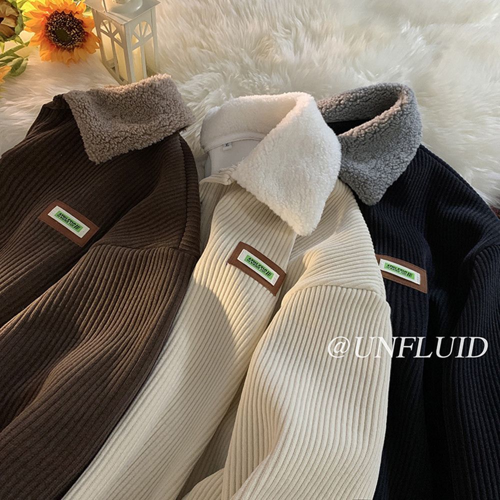 mens fall outfits Corduroy Polo Collar Sweater Autumn and Winter Fleece-lined Thickened Lamb Wool Coat Men's Winter Hong Kong Style Teenagers