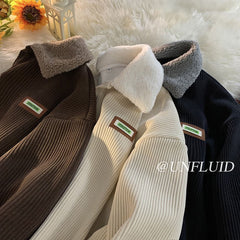 mens fall outfits Corduroy Polo Collar Sweater Autumn and Winter Fleece-lined Thickened Lamb Wool Coat Men's Winter Hong Kong Style Teenagers
