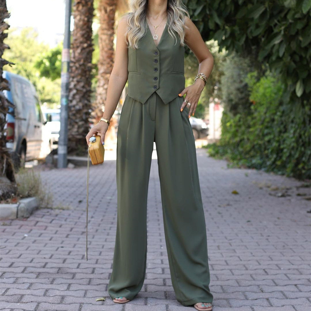 business casual outfits woman Women's 2024 Spring New V-neck Sleeveless Vest Draping Wide Leg Suit Pants Casual Suit