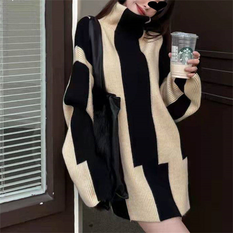 2000s fashion Korean Style Elegant All-Match Black and White Striped Sweater Women's Autumn and Winter New Loose Lazy Style Turtleneck Pullover Sweater