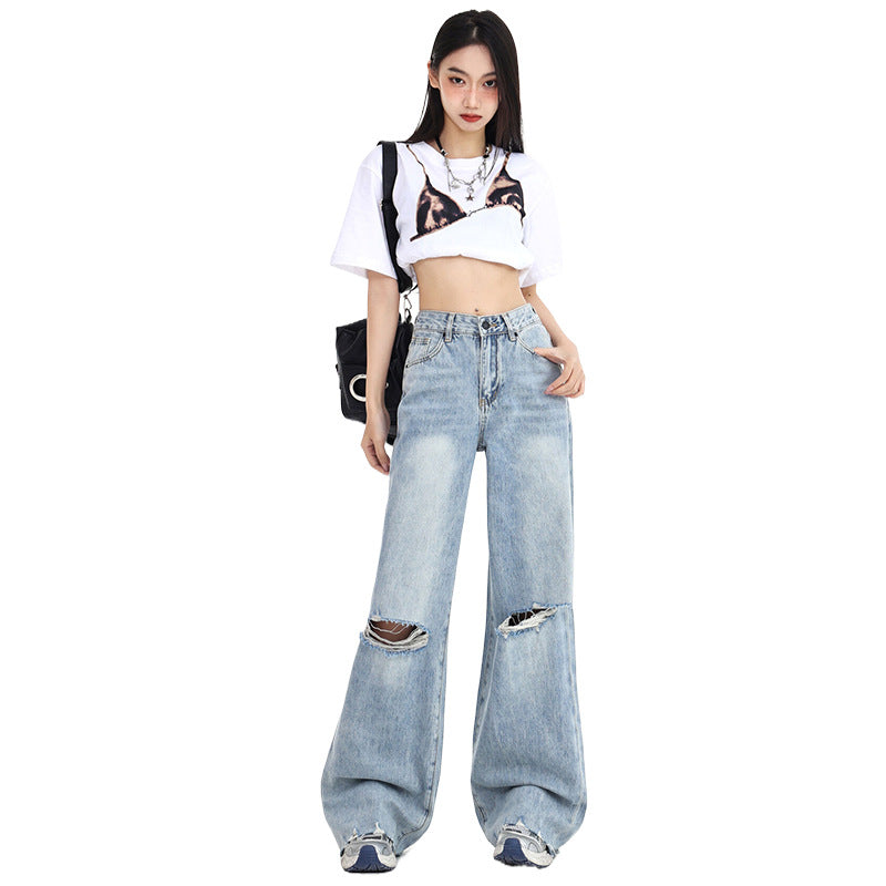 summer outfits inspo Spring and Summer New American Retro Loose Wide-Leg Pants Tassel Trendy Cool Straight Ripped Jeans for Women Jeans