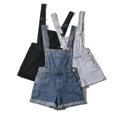 Summer Korean Style Student Denim Suspender Pants Women's Preppy Style Wide Leg Shorts Loose Curling Denim Tide