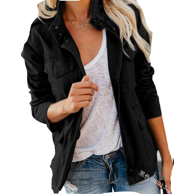 masculine men Outside Spring and Autumn Slim Fashion Hipster Solid Color Loose Zipper Multi-Pocket Jacket Women's Coat