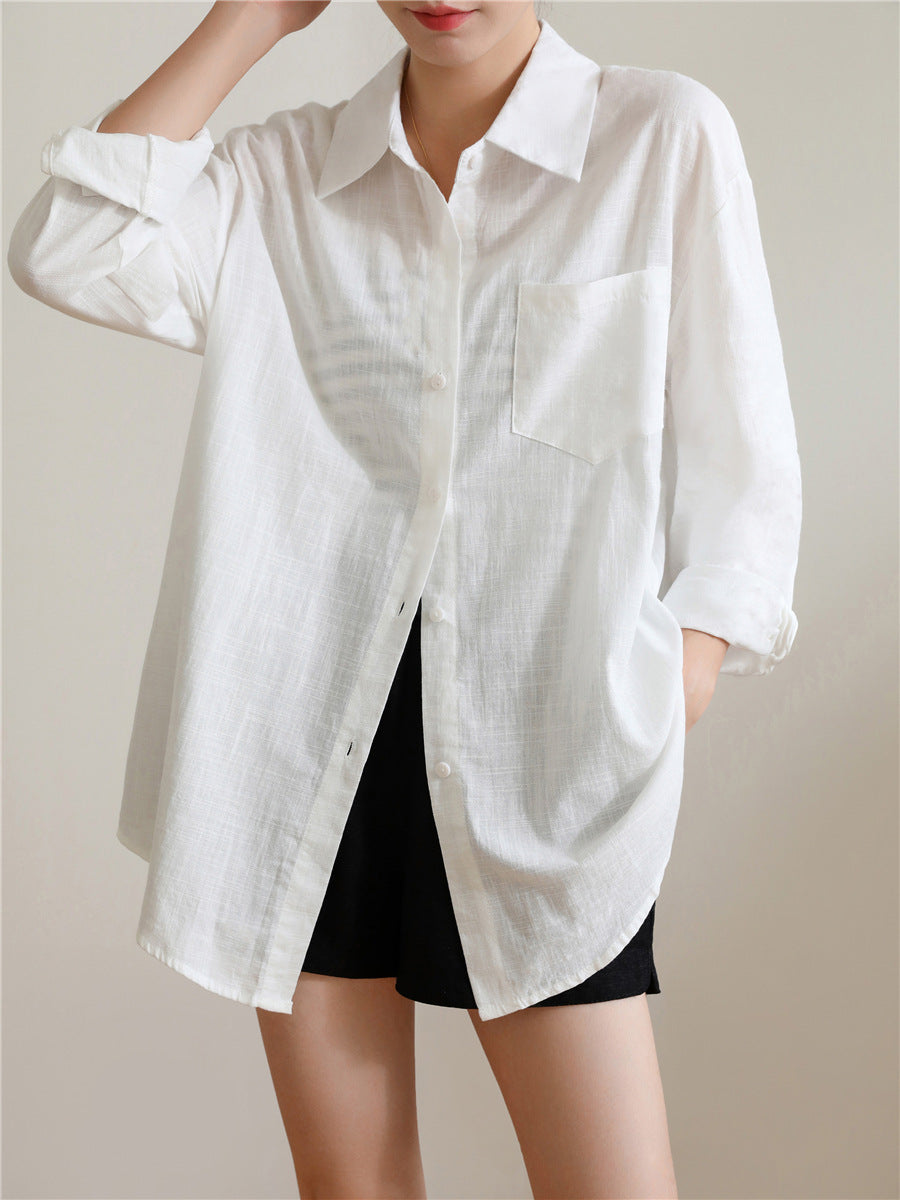 curvy casual outfits High-Grade Linen Shirt Women's Cardigan Summer Thin Loose French Cotton Linen White Shirt