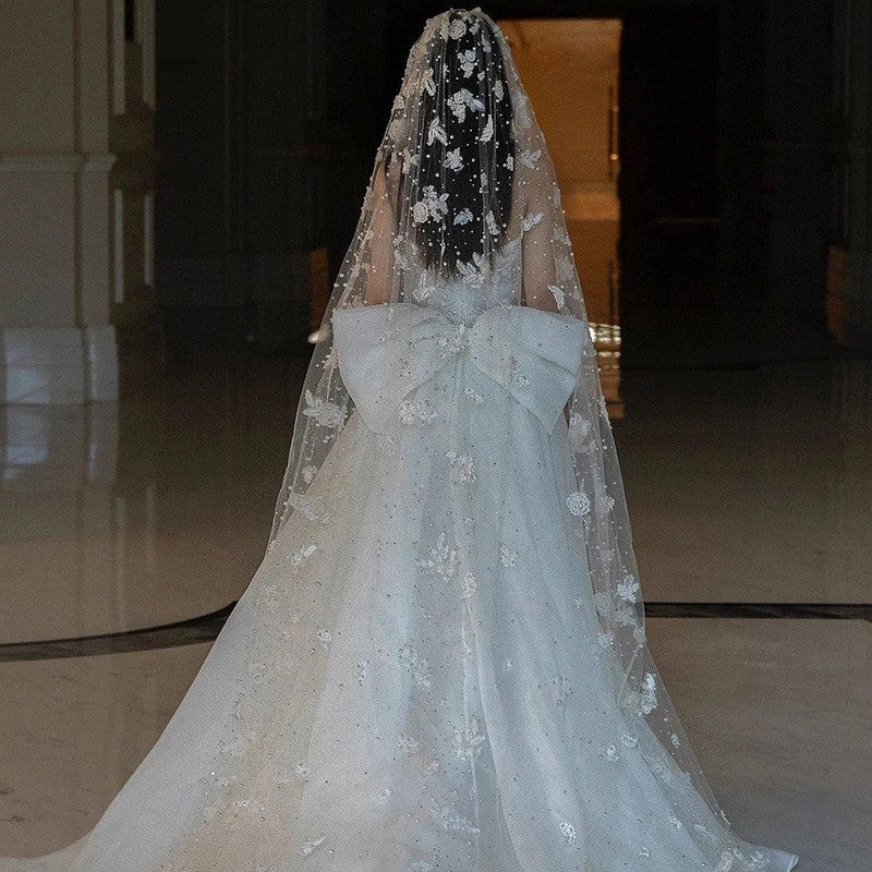 couple halloween costumes French White Flower Pearl Super Long Trailing Wedding Wedding Veil Bridal Main Wedding Travel Photography Headdress