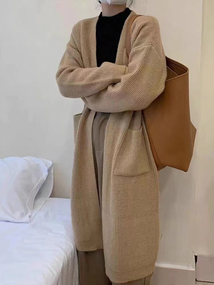 fall outfits Solid Color Knitted Cardigan Women's Autumn and Winter Loose Temperament V-neck Lazy Style Mid-Length over-the-Knee Sweater Coat Fashion