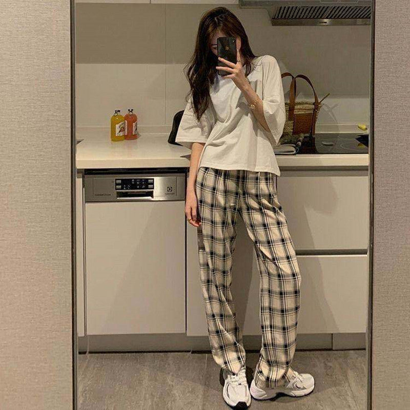 comfy school outfits Korean Style Spring and Summer New Hong Kong Style Chic Retro Light Casual Royal Sister Elegant Western Style Plaid Wide-Leg Pants Fashion