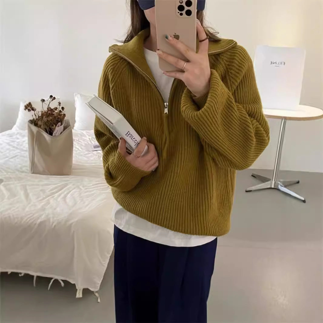 clothes Korean Style Half Zipper Sweater Women's Autumn and Winter New Style Pit Design Sense Stand Collar Soft Glutinous Loose Outer Wear Sweater Top