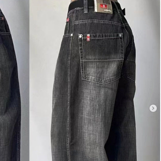 shamar Black Gray Denim Wide Leg Pants Jazz Dance Dancing Pants American High Waist Retro Distressed Ins Niche