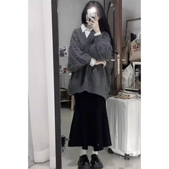 fall winery outfits Korean Style Lazy Style V-neck Sweater Retro Warm Loose Spring and Autumn Winter Gentle Style Pullover Skirt Two-Piece Set