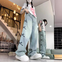 outfit ideas for school Women's Bowknot Embroidered Light-Colored Jeans Summer New Loose Straight Wide-Leg Mop Long Pants