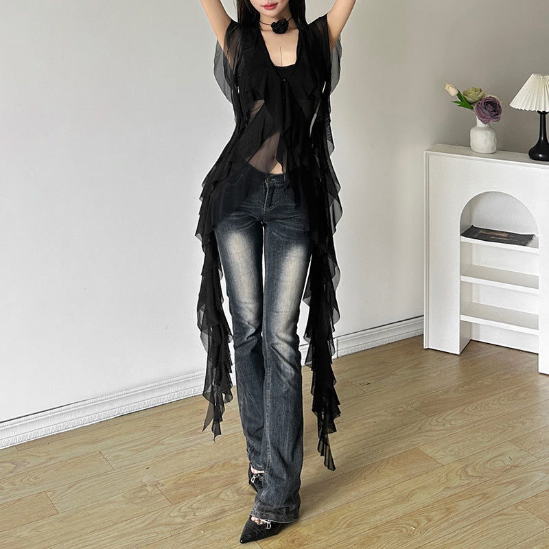 concert outfit Style Summer New Women's Sexy Slimming Wavy Mesh Transparent Irregular Vest