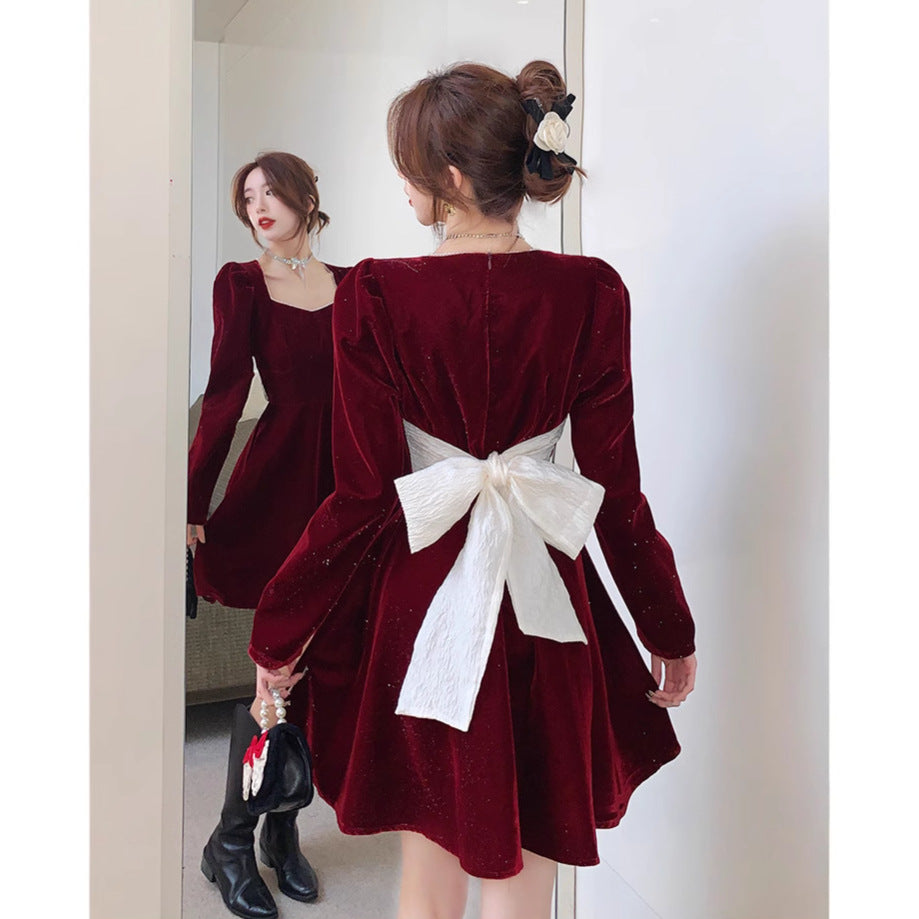 new year outfit Ankela Red Velvet Dress Women's Autumn and Winter with Overcoat Elegant Big Bow Christmas Banquet High-End Dress