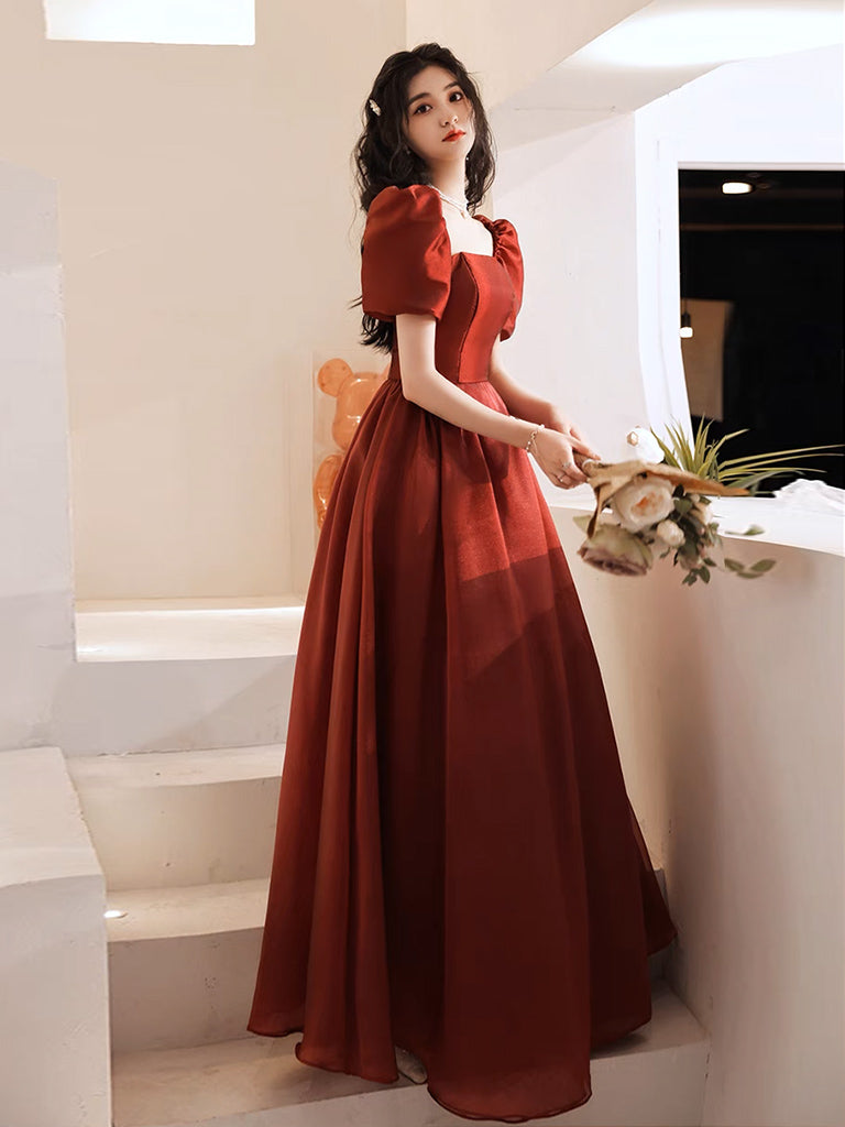 BXOXO A-Line Puff Sleeves Organza Burgundy Long Prom Dress, Burgundy Long Evening Dress