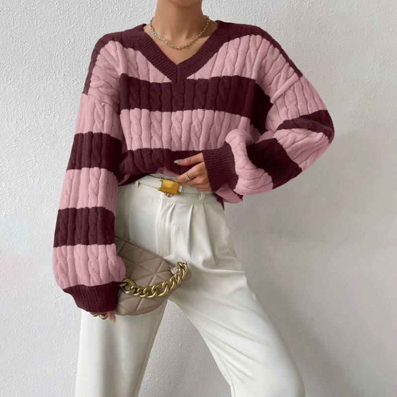 sambas outfits Autumn and Winter Lazy Style New Knitwear Loose Fashion Women's V-neck Retro Contrast Color Striped Sweater