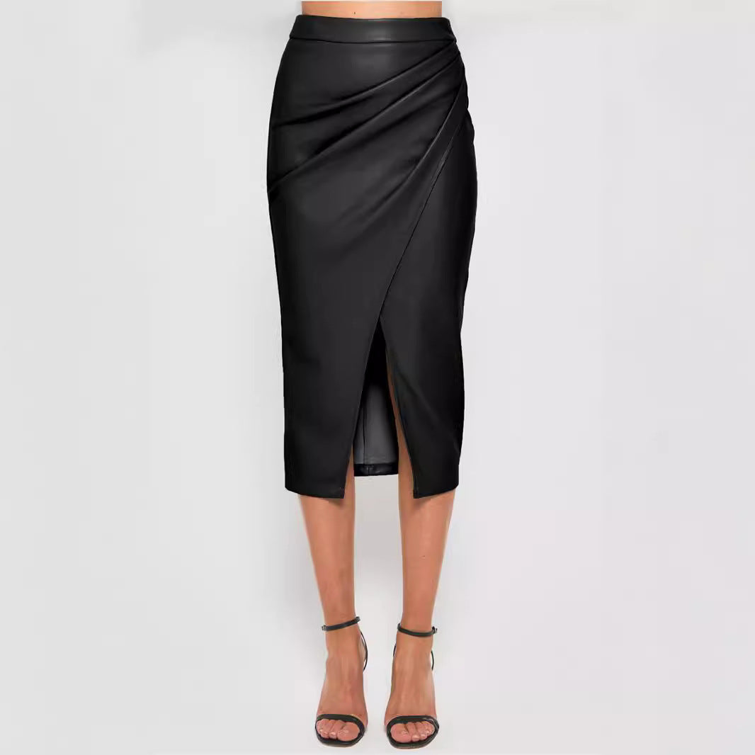 fall fashion outfits Women's Pu Split Skirt Autumn and Winter High Waist Zipper Pleated Leather Skirt Sexy Hip Skirt